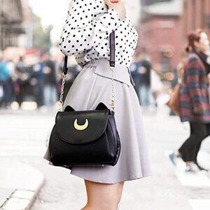 Black Leather Kitty Cat Moon Luna Satchel Crossbody Bag Chain Shoulder Purse NWT